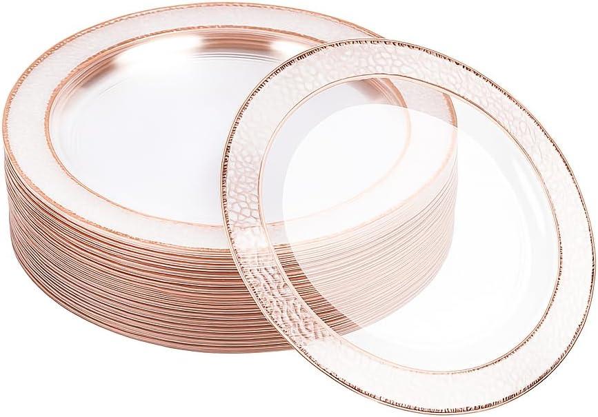 MATANA 20 Reusable 10 Inch Clear Plastic Party Plates Hammered Rose Gold Rim - Heavy Duty Dinner Plates, Elegant Fancy Plastic Plates for Wedding, Bridal Shower, Birthday Party, Events & Picnic