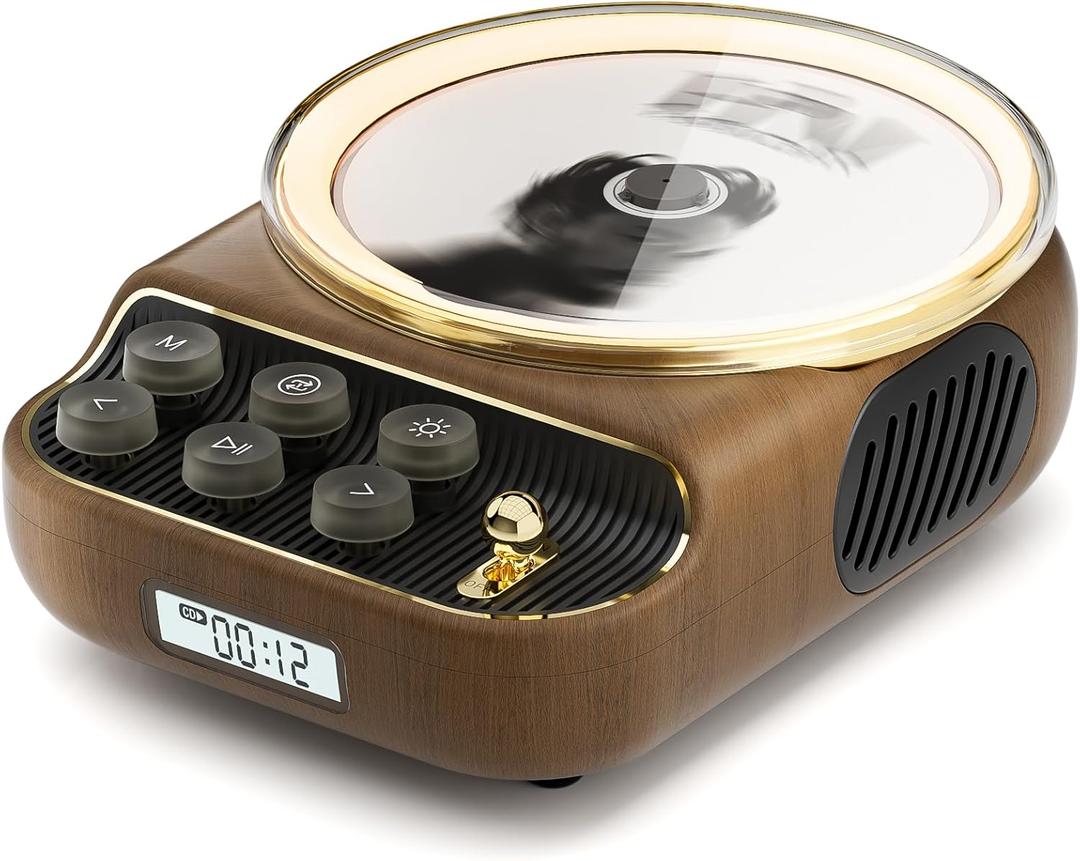 Retro Portable CD Players with Bluetooth Speakers, FM Radio, Night Light, LCD Display, 4000 mAh Battery, Vintage Radio Built in Dual Speakers Supports USB/AUX/Type-C for Home(Wood)