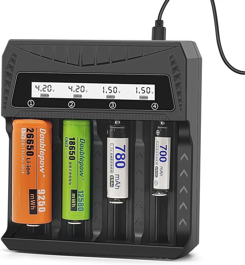 18650 Battery Charger 4 Bay, Smart LCD Battery Charger for 3.7V-4.2V Li-ion / 1.2V-1.5V Ni-MH Ni-Cd Batteries, Compatible with 26650, 21700, 18650, 18500, 16340, 14500, AA, AAA