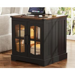 ChooChoo Rustic End Table, 24" Large Sofa Side Table with Charging Station & LED Light, Black Nightstand with Adjustable Storage Shelf, Square Bedside Table for Living Room, Bedroom, Office