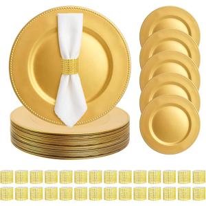 110 Pcs Charger Plates 13'' Round Dinner Plate Chargers Set Include 55 Napkin Rings 55 Plastic Beaded Plate Chargers for Wedding Party Table Setting(Gold)