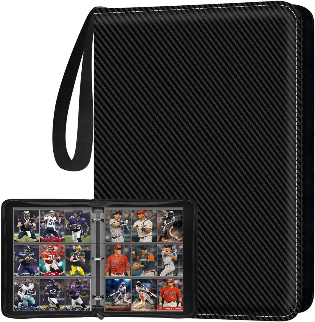 Trading Card Binder 9 Pocket, Toploader Binder with 900-Capacity Double-Sided Sleeves, Top Loader Binder for Cards, Baseball, Football, Sports, MTG, TCG Collector Album. (Carbon Black)