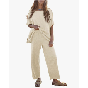 Tankaneo Women's 2 Piece Travel Outfits Casual Short Sleeve Knit Sweater Set Wide Leg Pants Lounge Sets Tracksuit, L