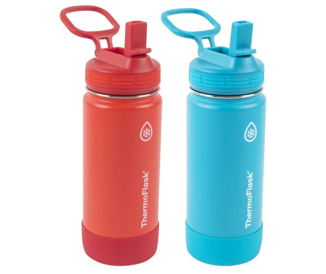 ThermoFlask Kids 16 oz Insulated Water Bottles with Straw Lid BPA-Free Stainless Steel Leakproof & Spill-Proof Design Easy Clean Wide Mouth 2-Pack for School, Sports, Playdates, Red/Blue