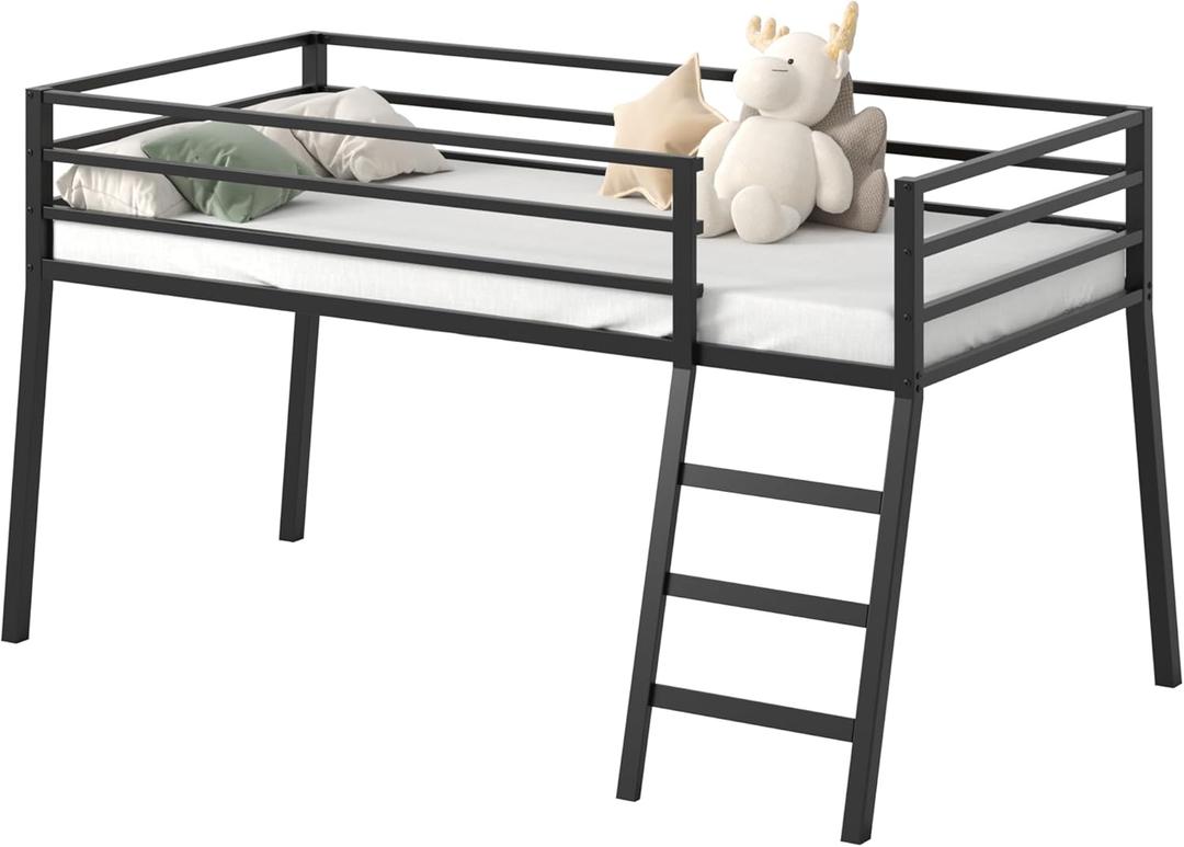 Lutown-Teen 43 inch High Twin XL Loft Bed, Low Junior Metal XL Twin Loft Bed with Stairs and Safety Guard, Noise Free for Small Bedroom, Black