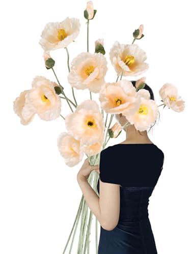 Fqueelvys Poppy Silk Flowers,6PCS Fake Poppy Flowers 41.3in Long Stem Poppies Flowers for Tall Vase Wedding Party Home Decor(Champagne)