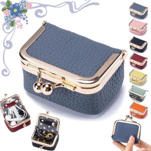 Genuine Leather Mini Jewelry Box, Portable Vintage-Inspired Genuine Leather Coin Purse Jewelry Case with Kiss Lock, Mini Travel Ring Box for Women for Earring/Ring/Necklace/Bracelet(Blue)