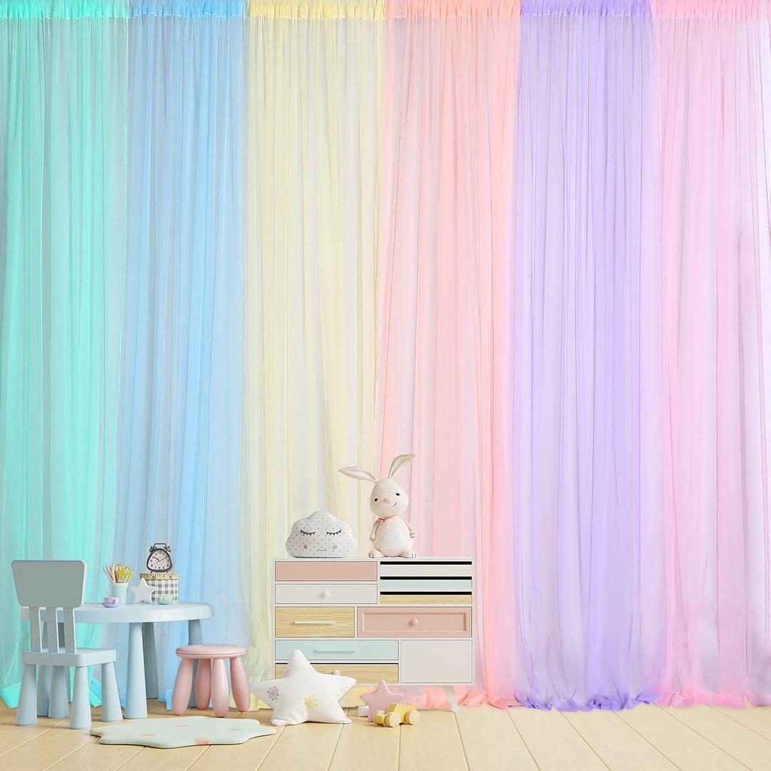 Tatuo Pastel Rainbow Backdrop Curtains Sheer Curtain Tulle Panels for Kid Baby Shower Unicorn Birthday Party Window Classroom Decorations 6 Panels(354 inch/ 30 feet in Total Width,Bright Color)