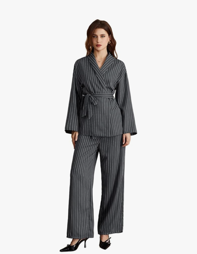 Women's 2 Piece Outfits Striped Belted Open Front Blazer and Pants Work Office Set, Size M