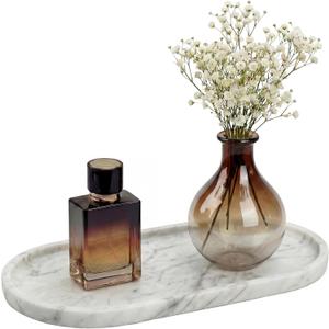 YKAJO 11.6" x 5.9" Oval Real Marble Tray for Bathroom & Kitchen Counter  100% Natural Stone Decorative Vanity Tray for Dresser & Perfume  Heavy Catchall Organizer for Soap & Jewelry, White Gray