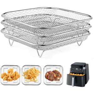 Square Air Fryer Rack Compatible with 6-8 QT Air Fryer,3pcs Stackable Stainless Steel Dehydrator Rack, Square Air Fryer Accessories for Cosori, Instant Vortex, Chefman Airfryer, Ninja Foodi Grill