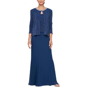 Alex Evenings Women's Long Scoop Neck Mock Gown with Embellished Neck Jacket, Wedding Guest, Formal Event Dress (Blue, M)