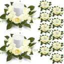 Jutom 12 Pcs Wedding Rose Candle Rings Artificial Floral Wreaths with Green Leaves Flower Candle Rings Candleholders Garland for Pillar Centerpiece Party Table Decor, 3.94'' Inner Diameter, White