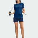 TBMPOY Women's Short Sleeve Workout Tops T-Shirts Breathable Quick Dry UPF 30+ Athletic Exercise Tee Shirts with Side Slits (Blue, L)