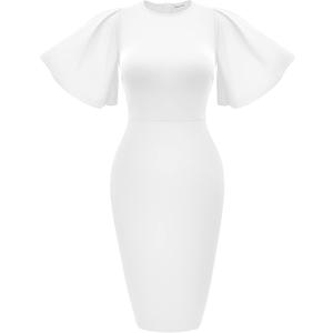 Memoriesea Women's Basic Bodycon Ruffle Flared Short Sleeve Pencil Midi Dress (Large, White)