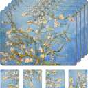 Set of 4 Heat Resistant Cork Placemats for Dining Table with Free Set of 4 Matching Drink Coasters Van Gough Blue Botanical Design 16 x 12 Inches Cork Backed Hard Placemats (Almond Blossoms)