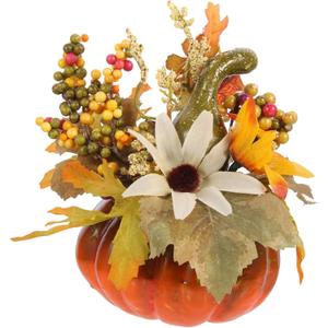 Cabilock Artificial Pumpkin Ornament with Sunflower and Maple Leaf 3.54 Inch Faux Pumpkin Decor for Halloween Thanksgiving Autumn Table Centerpiece and Home Party Decoration