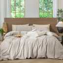 MooMee Gingham Duvet Cover Set 100% Washed Cotton Linen Like Textured Breathable Durable Soft Comfy Modern Checkered Design (Tannish Linen Grey Gingham, Full 80"x90")