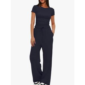 Darong Women's 2 Piece Set Outfits Lounge Sets Ruched Short Sleeve Tops High Waisted Wide Leg Pants Tracksuit Sets S