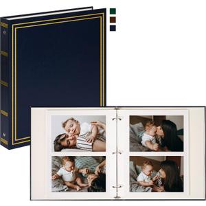 Vienrose Photo Album Self Adhesive Leather Cover D Ring Binder Vintage Printed Photo Book fits 4x6 5x7 Memory Book with Blank Sticky Pages for Travel Wedding 50 Sheets / 100 Pages, Navy Blue