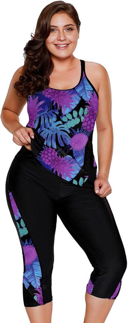LALAGEN Womens Plus Size Swimsuits 2025 Modest Rash Guard Capris Tankini Bathing Suits Two Piece Bathing Suit Swimwear (3X-Large, Purple Pineapple)