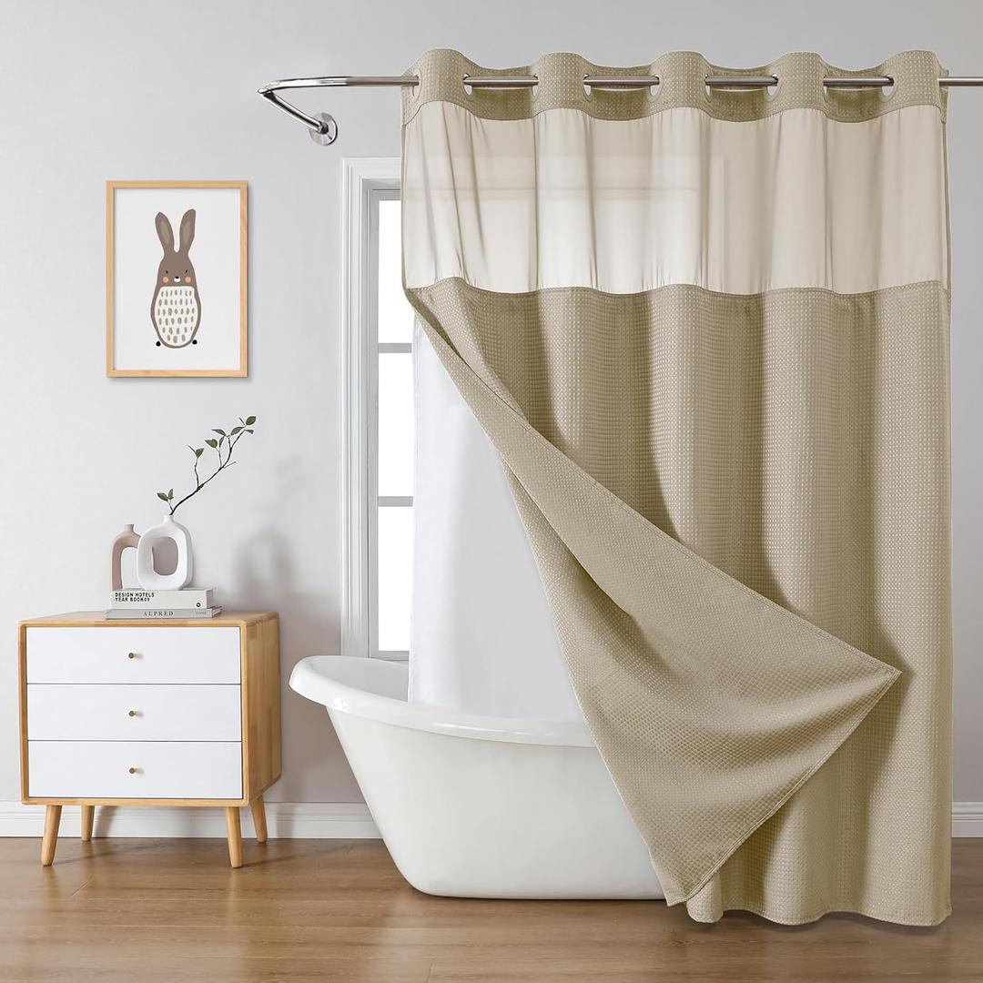 eachope Khaki No Hook Waffle Weave Shower Curtain with snap-in Liner Replacement, 230GSM Waterproof Fabric Hotel Shower Curtain Set for Bathroom, Through Mesh Top Window,71Wx86H