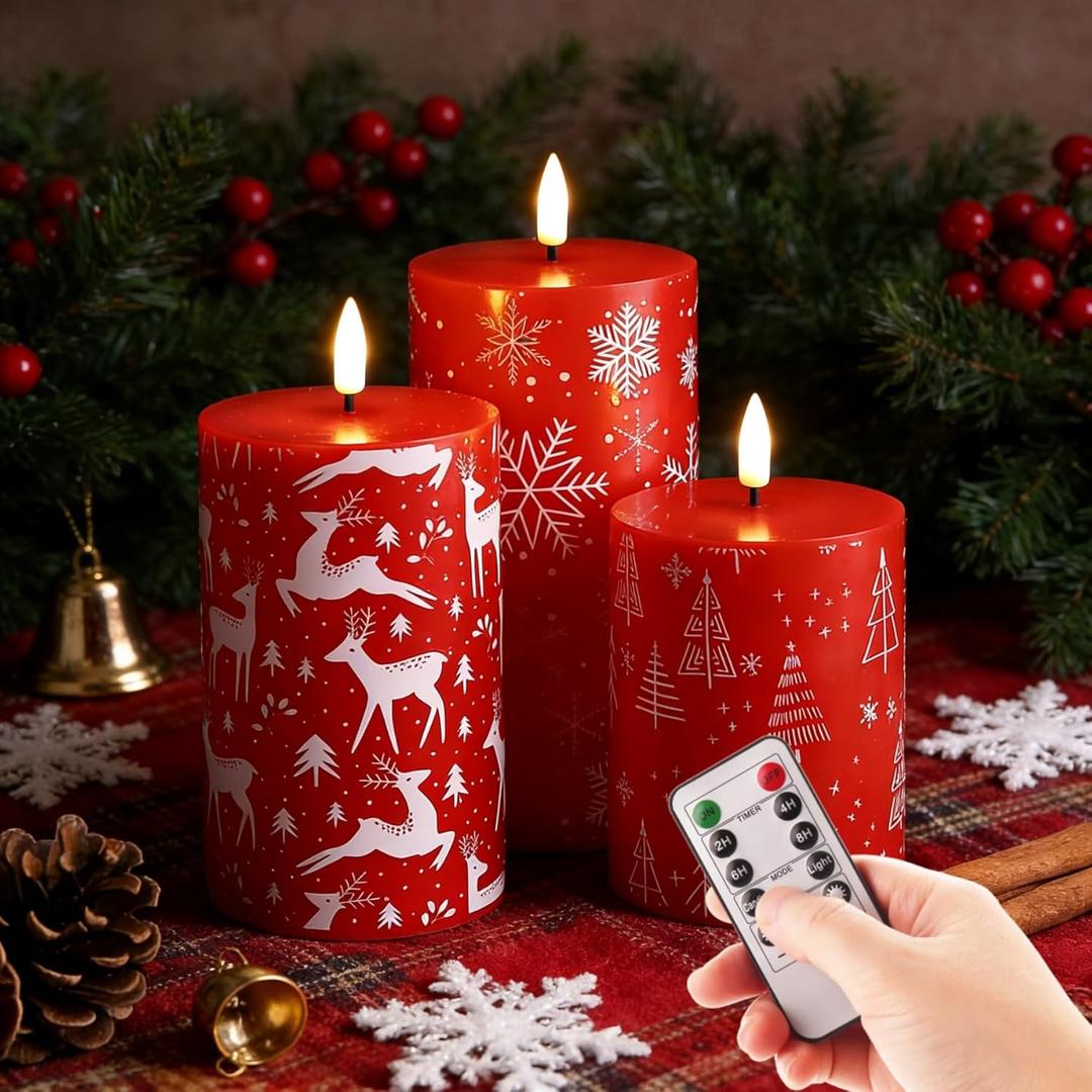Eywamage Red Christmas Flameless Pillar Candles with Remote, Reindeer Snowflakes Tree LED Battery Candles Holiday Decor Gift Set of 3