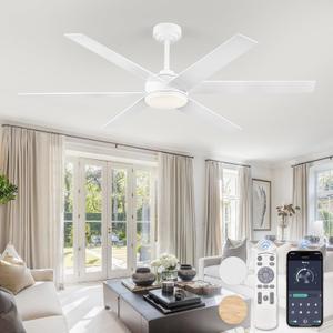 60 Inch Ceiling Fans with Lights and Remote, Reversible 6 Blades & Dimmable 3-Color Outdoor Ceiling Fans for Patios, DC Motor Large Ceiling Fan for Indoor or Covered Outdoor-White