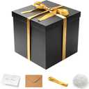 Mefleet Large Gift Box with Lid for Presents 12x12x12 Inches Extra Big Deep Square Black Boxes 1 Pack for Christmas, Birthday, Valentine's Day, Mother's Day - Contains Crinkle Paper, Ribbon and Card