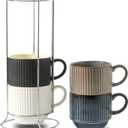 glowworm Coffee Mugs with Stand, Stackable Coffee Mugs Set of 4, Wedding Housewarming Gift, Modren Ceramic Cups for Milk, Cocoa, Microwave & Dishwasher Safe, Multicolor