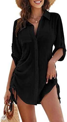 Blooming Jelly Womens Bathing Suit Cover Ups Bikini Swimsuit Coverup Drawstring Button Down Beach Dress Shirt Size L