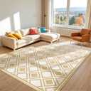 Area Rug 5x7, Washable Checkered Rug Non Slip, Modern Geometric Indoor Low Pile Carpet for Bedroom Living Room Kitchen Laundry Playroom, Beige and White