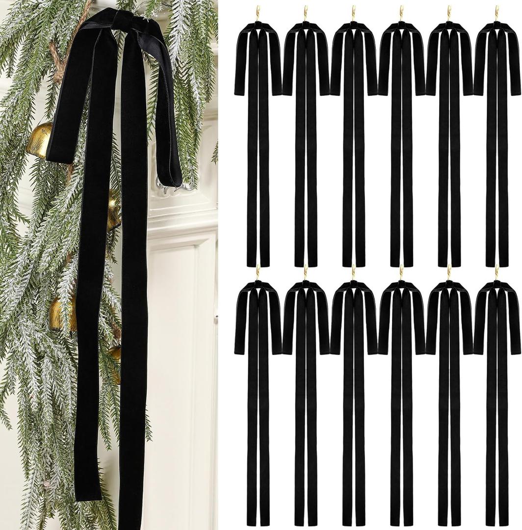 Janinka 12 Pcs Black Velvet Ribbon Bows Christmas Tree Decorations 23.5x15.5 Inch Rustic Neutral Large Velvet Vintage Christmas Swag Ornaments Staircase Wreath Bows Tree Topper Bow