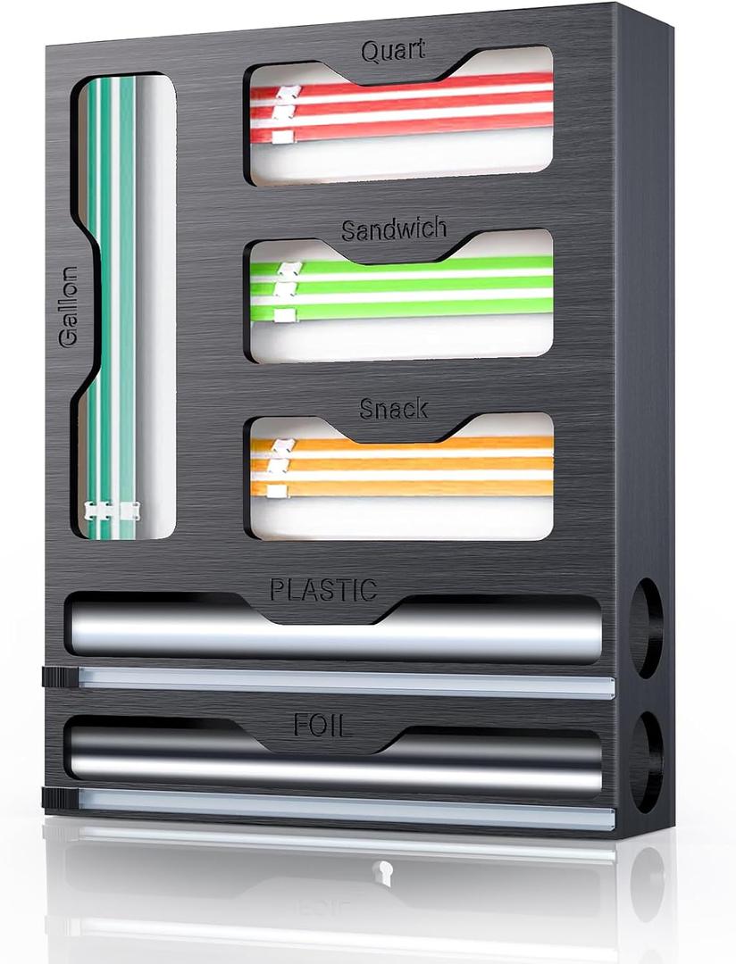 KOCWELL Bag Organizer & Plastic Wrap Dispenser with Cutter, 6 In 1 Bamboo Foil & Plastic Wrap Organizer for Kitchen, Food Storage Bag Organizer (Black)