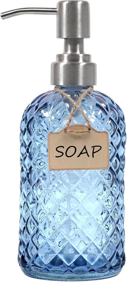 Funly mee Bathroom & Kitchen Glass Hand and Dish Soap Dispenser with 304 Rustproof Stainless Steel Pump (Blue)