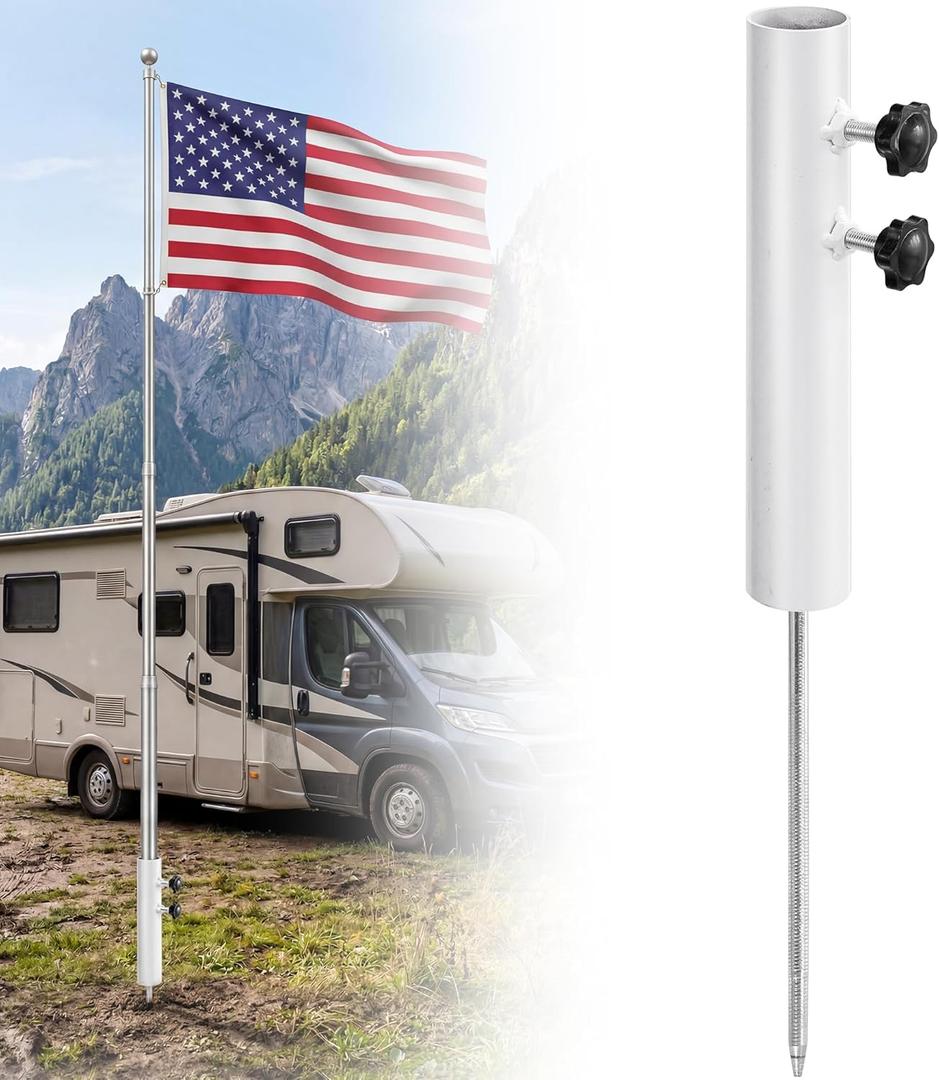 Heacy Duty Flag Pole for Outside House in Ground, 12" Extended Tip Metal Graden Flag Pole Holder, Ground Mount Stake for 1.77" Dia Pole, Adjustable Flagpoles Mount, White