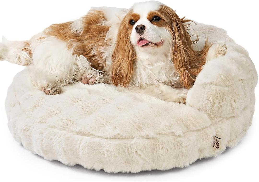 EHEYCIGA Soft Cat Couch Bed for Indoor Cats, Fluffy Small Dog Bed with Removable Washable Cover, Bolster Pet Sofa, Waterproof and Non-Slip, 23" x 23"x 7", Cream