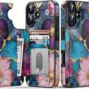 FUNMIKO for iPhone 16 Plus Wallet Case with Card Holder + Cash Clip, RFID-Blocking, Military-Grade Drop Protection & UV-Printed Artwork, Magnetic Closure with Kickstand - Vibrant Flower Pattern