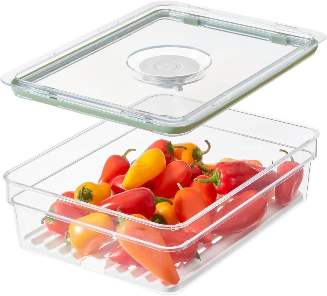 IDESIGN Large Short Produce Storage Bin with Insert Tray, The Fresh Collection  7.85 L x 10.5 W x 3 H, Clear Bin