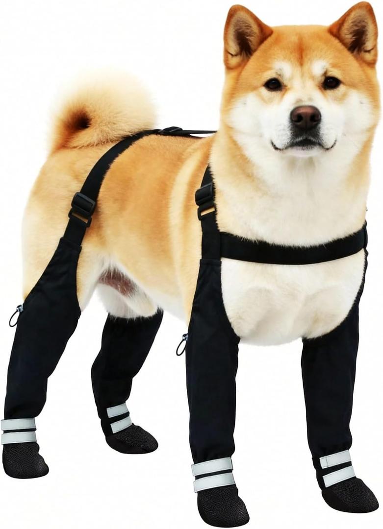 Dog Suspender Boots for Large Dogs Waterproof & Non-Slip Dog Paw Protectors with Adjustable Straps & Reflective Strips, All-in-One Connected Dog Boots for Outdoor Walks, Snow, Rain, Hiking, Black (L)