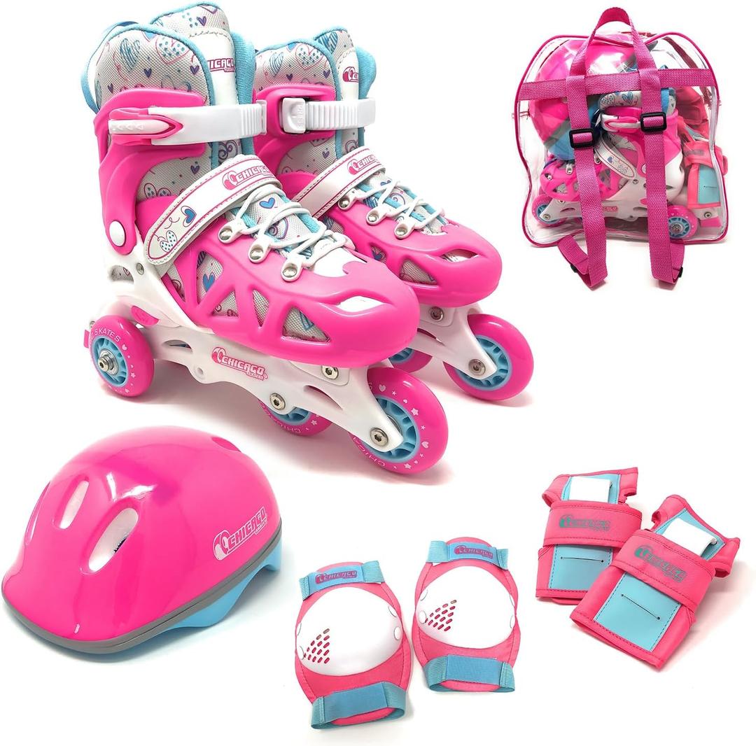 Chicago Inline Training Roller Skates with Protective Gear for Kids – Durable, Top Performance Roller Blades, Wrist Guards, Kneepads & Backpack, Padded High-Top Boots,64mm Wheels, Indoor/Outdoor Use , M