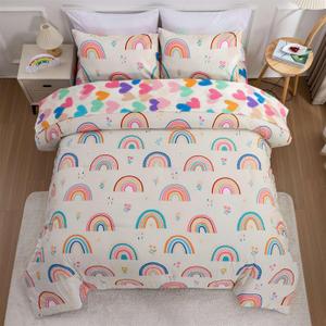 Btargot 5 Piece Multi-Color Rainbow Comforter Set for Girls Boys Kids, Full Size Cartoon Love Hearts Flowers and Sun Star Bedding Set, Bed in a Bag with Comforter, Sheets and Pillowcases
