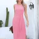 Missufe Women's Round Neck Sleeveless Tie Waist Knit Side Slit Slim Tank Midi Dress (Pink)
