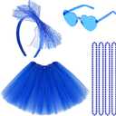 80s Women Tutu Costume Accessories Blue Tutu Women Striped Sock Sunglasses Lace Headband Skirt Necklace Halloween Mardi Gras, One Size