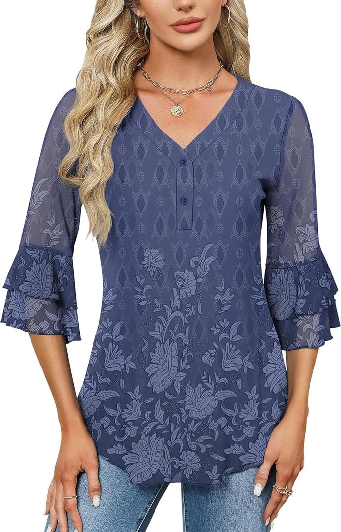 Rapbin Women Dressy Blouse 3/4 Sleeve Tiered Bell Sleeve Double Layers Mesh Shirt Trendy Flowy Tunic (X-Large, A2 Blue Floral)
