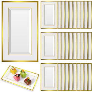 Uiifan 30 Pcs Plastic Serving Tray Bulk White Gold Rim Elegant Rectangle Disposable Plastic Dessert Table Display Set Serving Trays Platter for Weddings Birthday Party Food Fruit Dessert 8 x 13 Inch