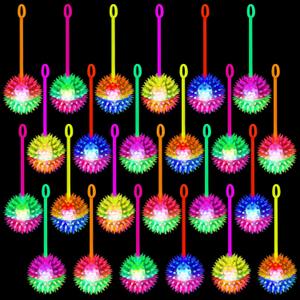 24 Pieces Light Up Bouncy Ball Light up Spike Rubber Ball Sensory Toy Flashing Spiky Sensory Stress Balls for Party Favors Student Gifts School Rewards(Corded)