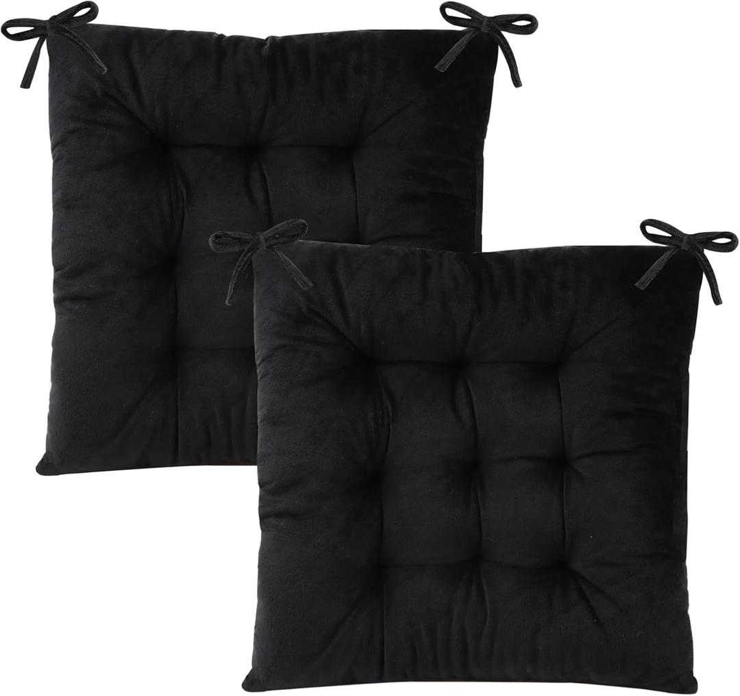 Set of 2 Chair Cushions for Dining Chairs with Ties, Indoor Non-Slip Kitchen Chair Pad and Dining Room Seat Cushion Mat for Office Living Room Outdoor 15.5" - Black