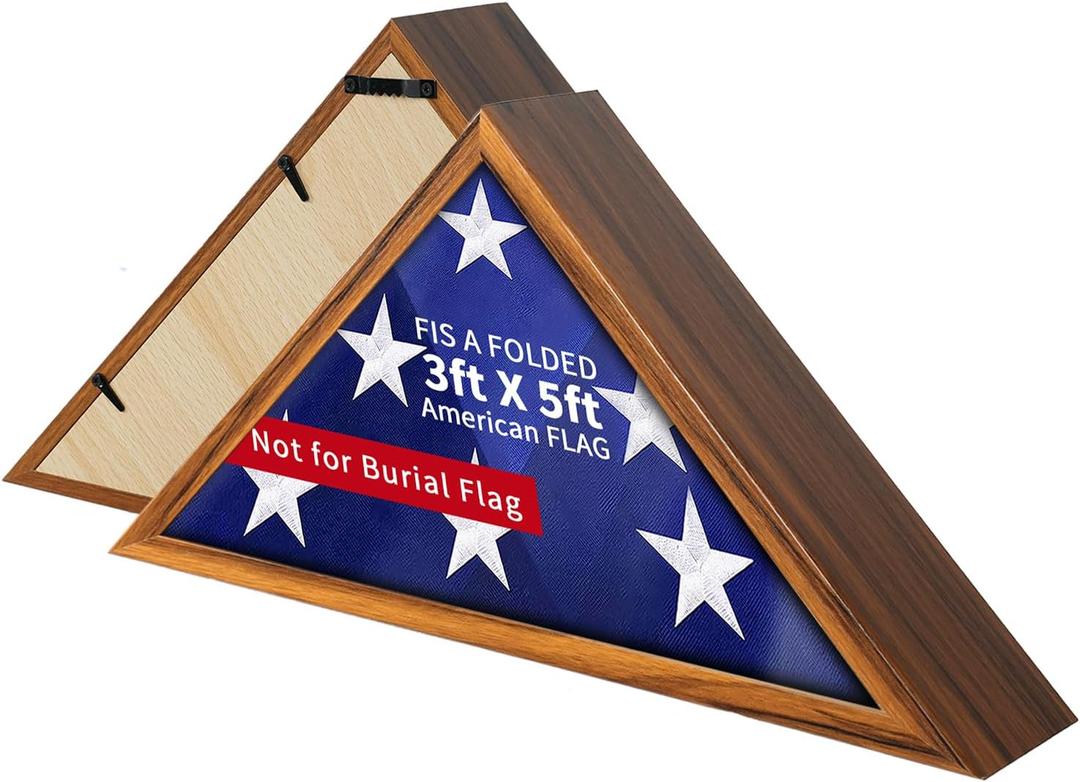 Flag Display Case for 3' x 5' Folded American Thin Flag, Military Flag R Edge Shadow Box with HD Tempered Glass and Wall Mount for Veteran - Retro