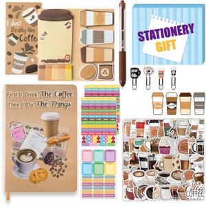 B1ykin Notebook Sticky Notes Stationery Set, 6Pcs Hardcover Ruled Journal Notebook with Planner Stickers, Neutral Pen Bookmarks Clips Birthday Gift for Office School Students (Coffee)